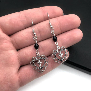 Gothic Punk Style Hollow Heart Cross Pendant Earrings - Religious Dark Art Goth Jewellery Earrings for Women - The Jewellery Supermarket